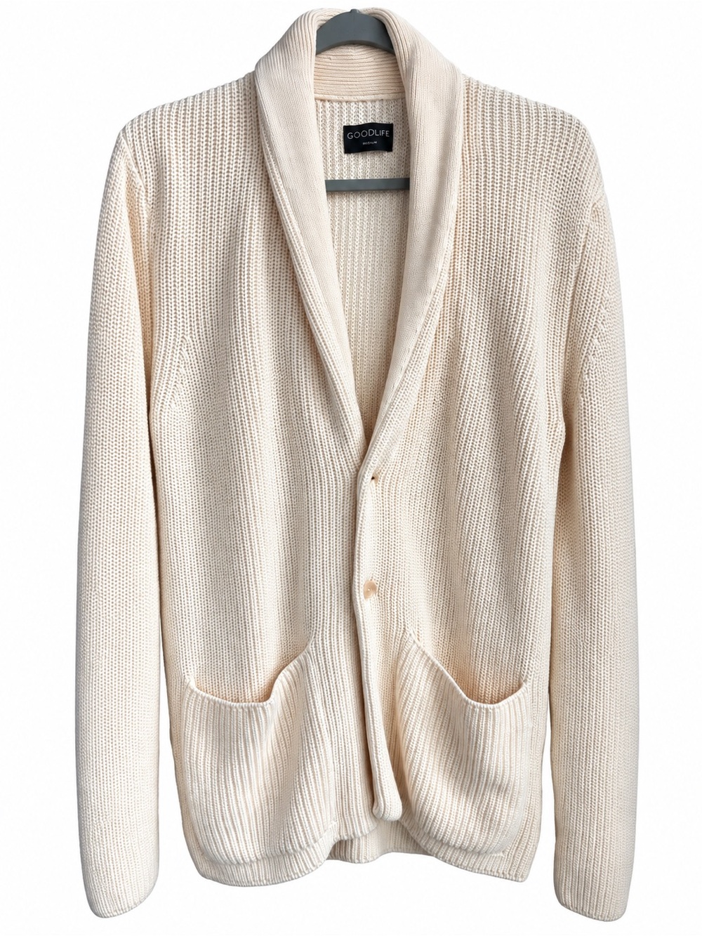 Goodlife Men’s Medium Cream Cotton Shawl Collar Cardigan Sweater